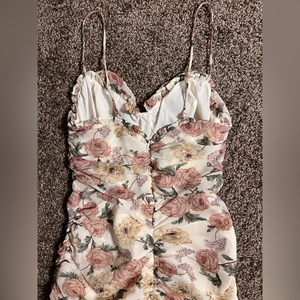 Vici Floral Ruched Midi Dress in Cream with Pink & Green Accents - Picture 16 of 16